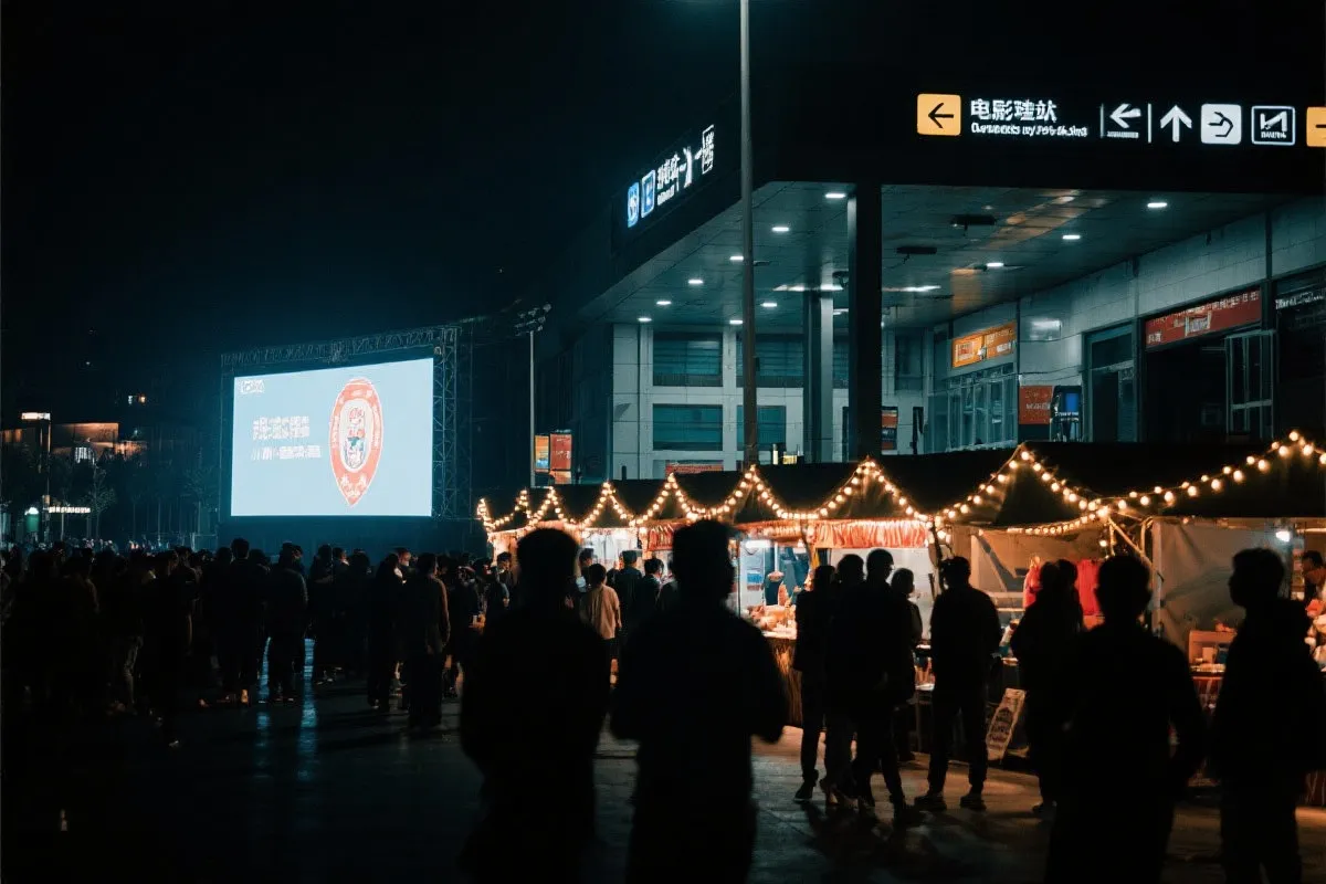 费城球迷广场夜景：大屏观赛人群、步行指示牌与公共交通入口